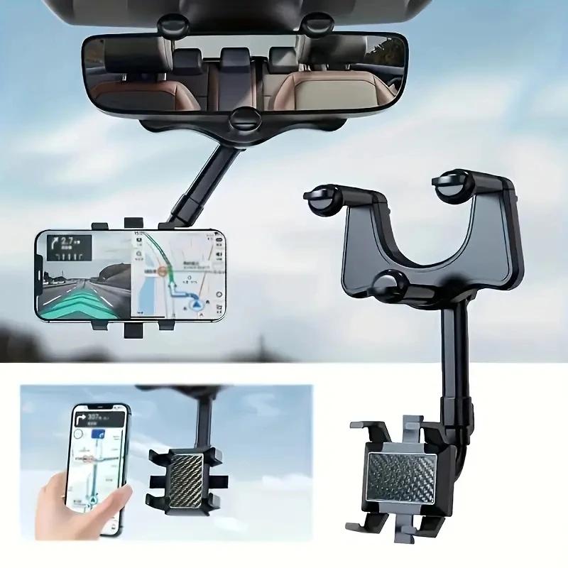 Car Rearview Mirror Phone Holder 360° Retractable Rotatable Cell Phone Holder Clip Mobile Phone GPS Support Phone Mount Stand