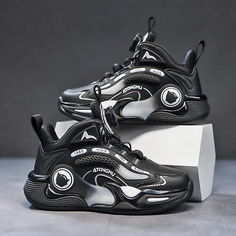 Children's Shoes Autumn New Breathable Leather Sneakers Medium and Large Boys Boys Rotating Buckle Soft Sole Non-slip Basketball Shoes