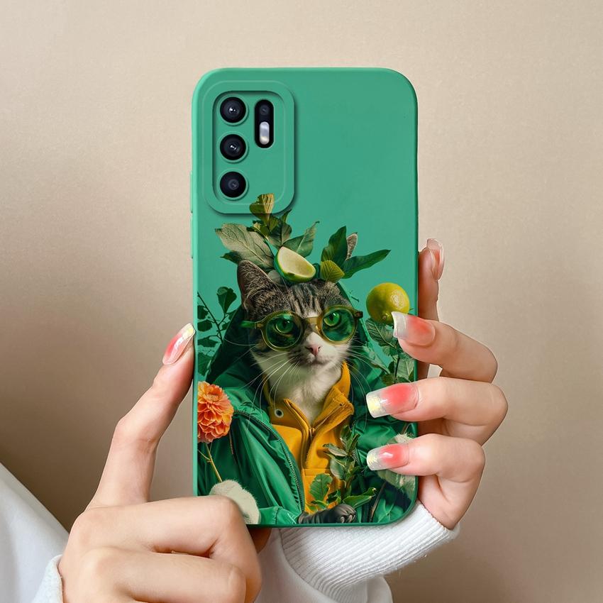 For Oppo Reno6 7 8 10 Pro Lite 6z 7z 8z Phone Cover Fashion Oil Painting Black Cat Patterns Soft Casing Screen Protector Anti Slip Shell For Oppo Case
