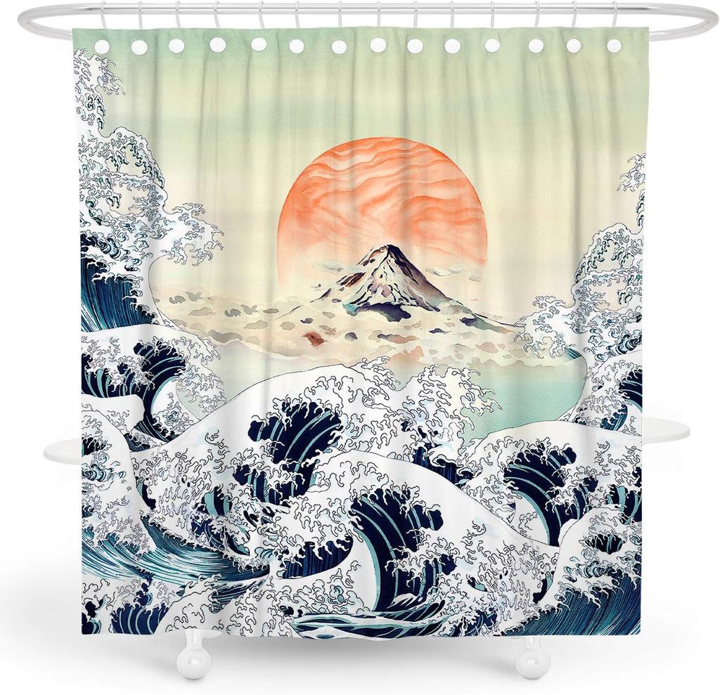 Japanese Cherry Blossom Shower Curtain Set, Asian Anime Shower Curtains for Bathroom Cool Watercolor Abstract Art