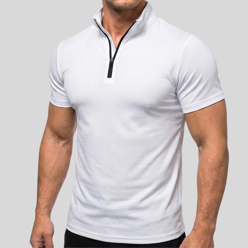 

Men Stand Collar Half Zip Short Sleeve T Shirt Slim Fit Heather Fabric Casual Athletic Tops S белый