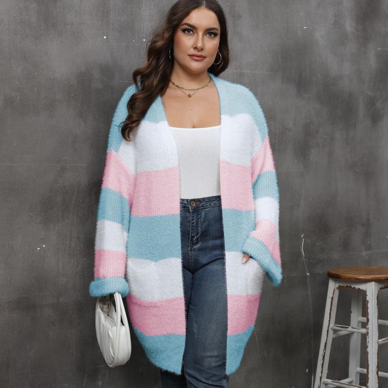 Women's Cardigan Plus Size Color Block Patchwork Woven Sweater Double Pocket Striped Sweater Coat