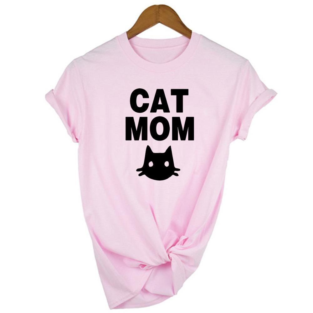 Stay At Home Cat Mom Print Women Shirts Casual Cute Cartoon White Summer Short Sleeve O