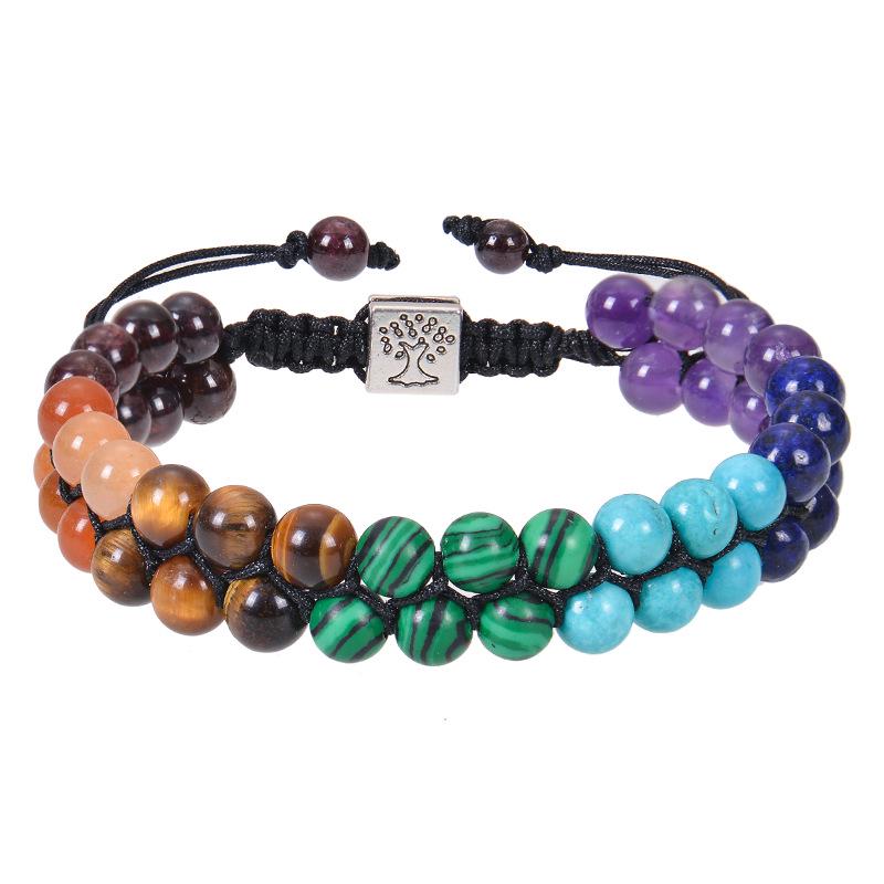European & American Fashion Malachite Double-Layer Tree of Life Bracelet with Seven-Color Stones