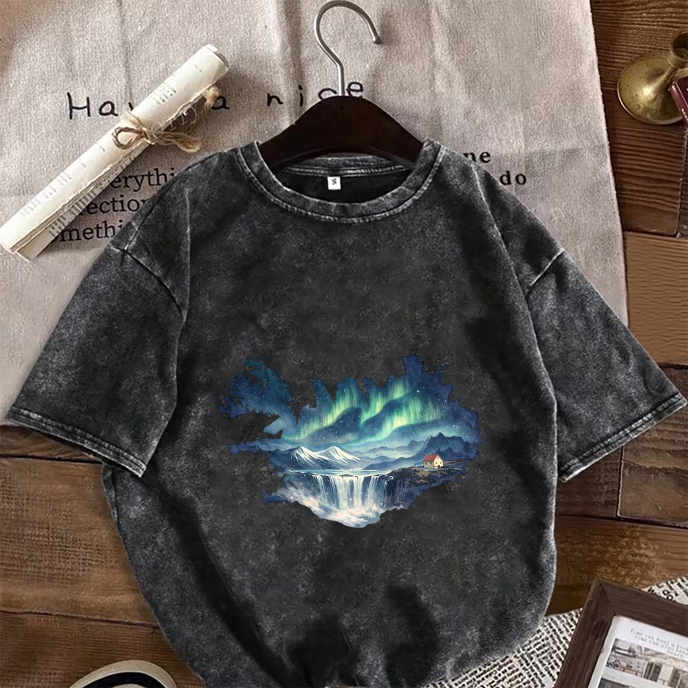 Oversized Cotton Washed Shortsleeved TShirt Northern Lights Waterfall Print Tee Soft Vintage Feel Loose Fit Top for Women Men