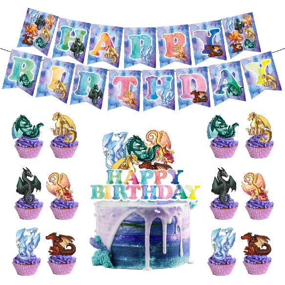 50 PCS Wings of Fire Themed Birthday Party Supplies Decorations Set with Banner, Balloons, Hanging Swirls, Cake Cupcake Toppers for Boys Girls Wings