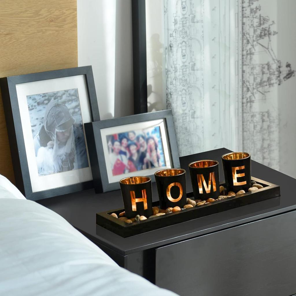 MrMrKura Home Decorative Candle Holder Set, 4 Glass Tea Light Candleholders with Wooden Candle Holders Tray, Natural Pebbles for Home Decor Table