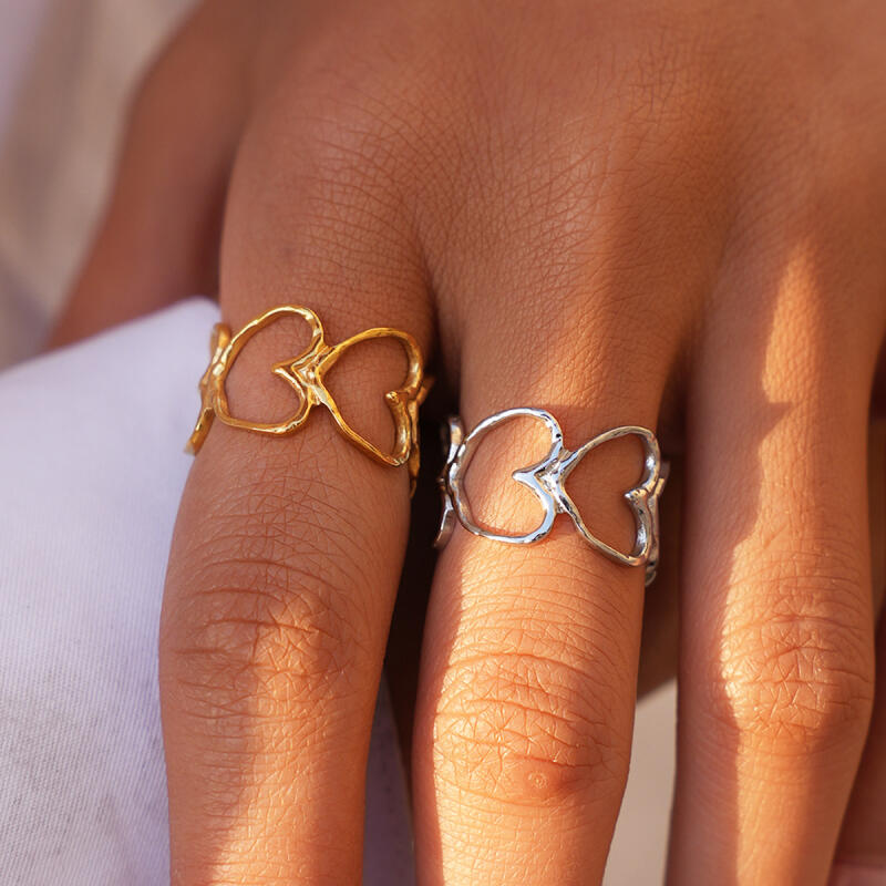 Stainless Steel Heart-Shaped Hollow Opening Rings for Women Men Classic Texture No Fading Couple Rings Party Jewelry Accessories