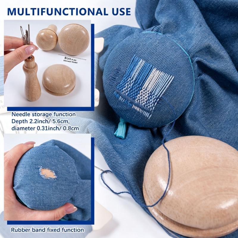 Sweater Care Darning Mushroom Set, Wooden Clothing Support with 10 Assorted Needle Types and Threader for Daily Household Repair Work