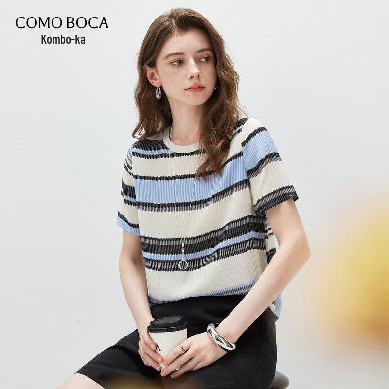 Kemeng Boka 2026 Women s Mulberry Silk Striped Short-Sleeve Top S