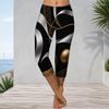 Women High Waist Abstract Geometric Print Capri Leggings Stretchy Slim Fit Black Gold Silver Pattern Cropped Pants For Yoga Workout Casual Daily Wear