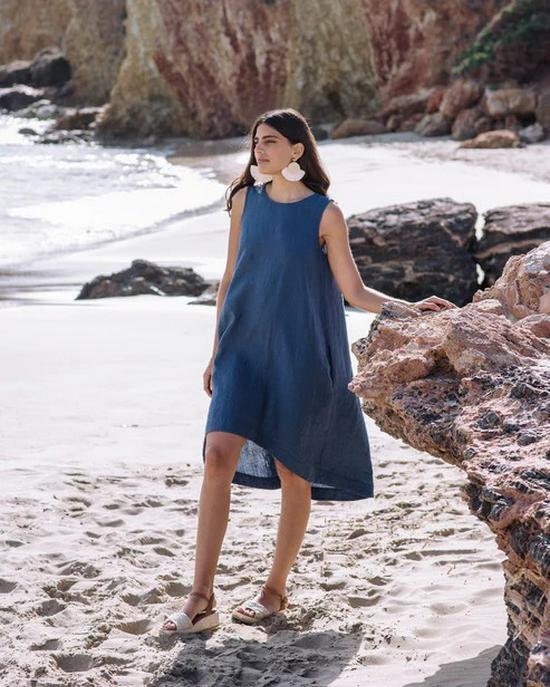 Summer Cotton Linen Solid Color Sleeveless Irregular Round Neck Long Dress
