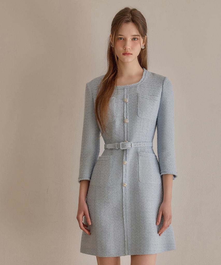Julie And Kara 26Ss Calla136 Shebigins Bella Tweed Dress Sky Blue