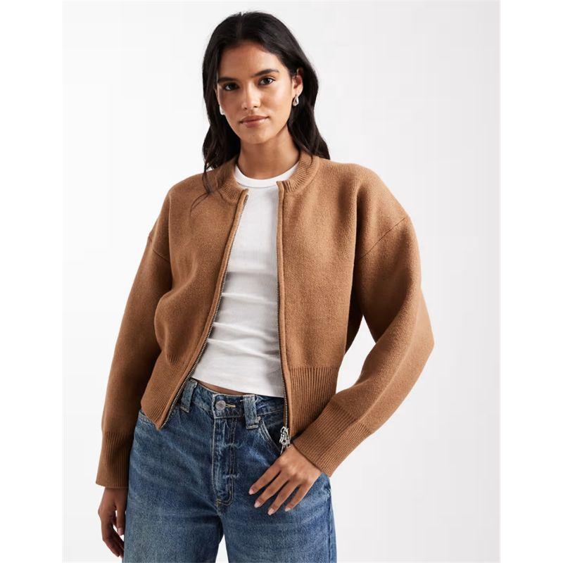 Foreign Trade Pure Wool British Style Thick Minimalist Zipper Cardigan Sweater for Women, Versatile Casual Knit Jacket for Autumn and Winter Camel L