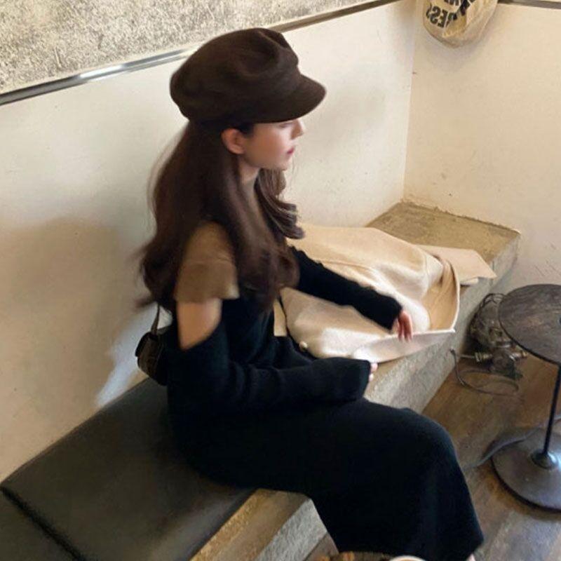 

With coat long sweater skirt over the knee Christmas temperament inside with bottom off the shoulder knitted dress women s autumn and winter S