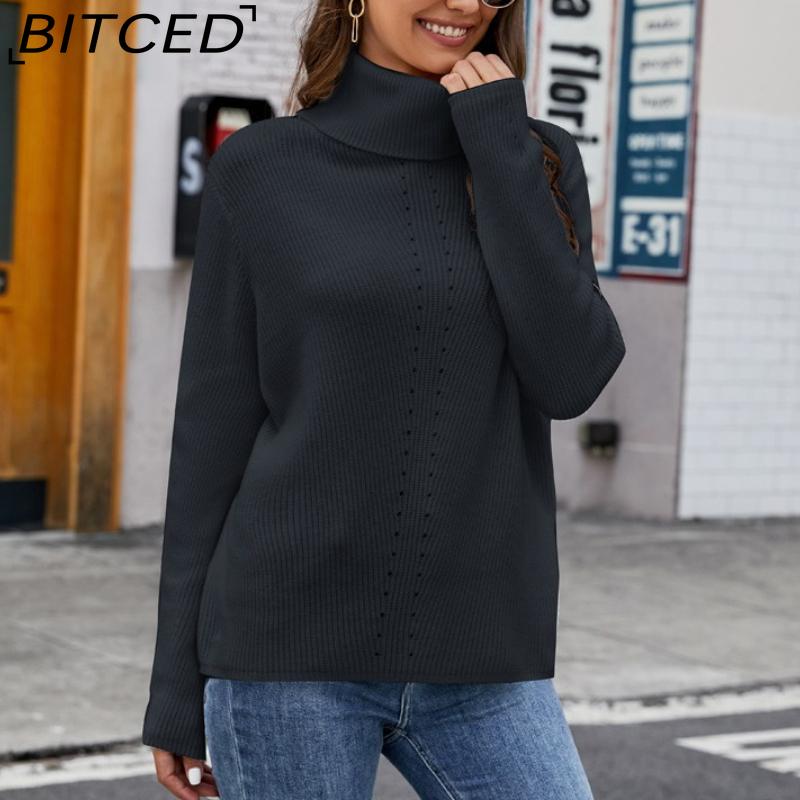 

BITCED Solid Color Sweater Long-Sleeve Pullover Knit Base Layer Versatile Oversized High-Neck Sweater XL темно-серого