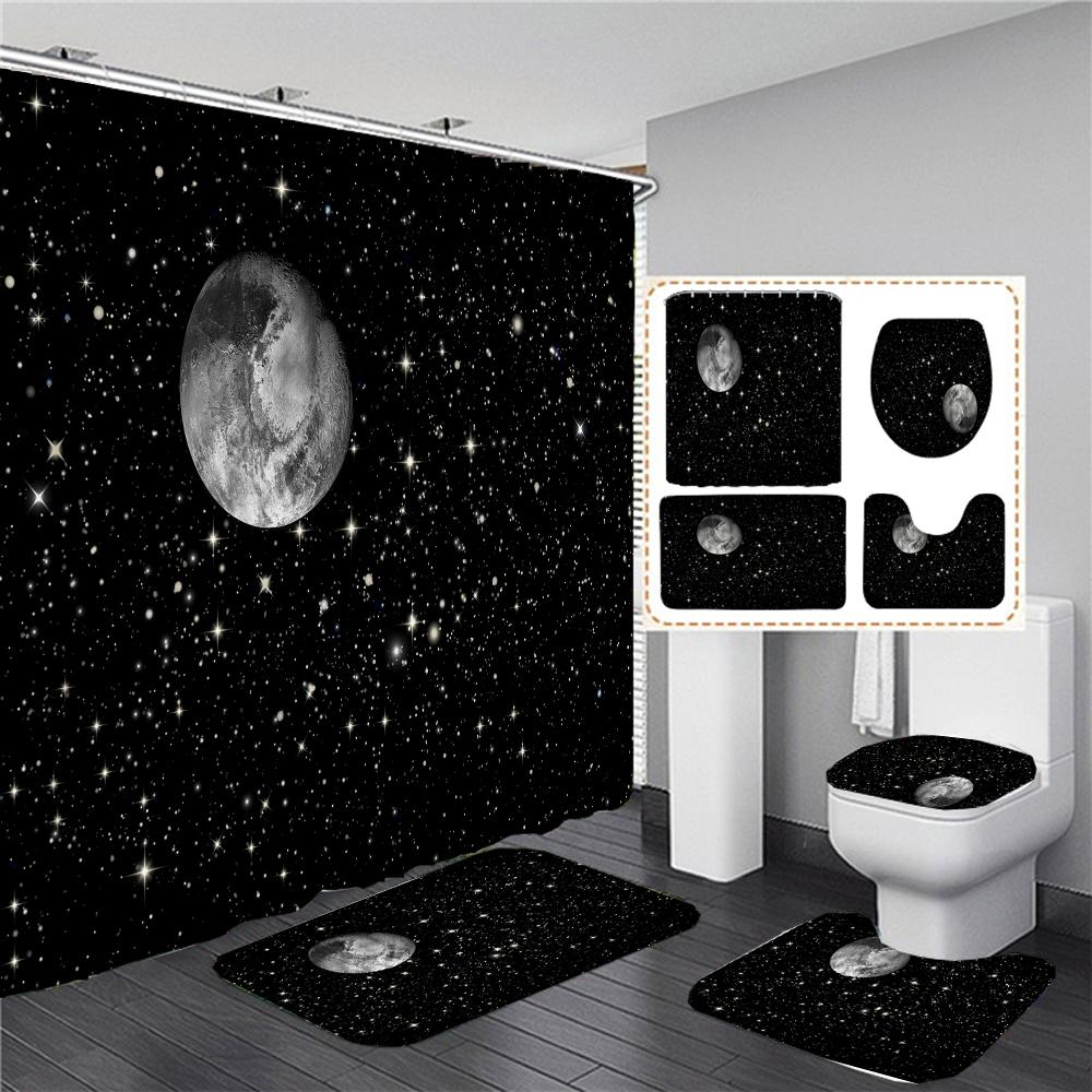 Waterproof Shower Curtain Set Moonlight Sea Starry Sky Scenery Bath Rug And Mats With Hooks Toilet Seat Cover Bathroom Decor