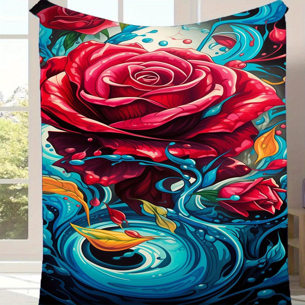

1pc Rose Print Blanket, Flannel Blanket, Soft Warm Throw Blanket Nap Blanket For Couch Sofa Office Bed Camping Travel 130cmx150cm