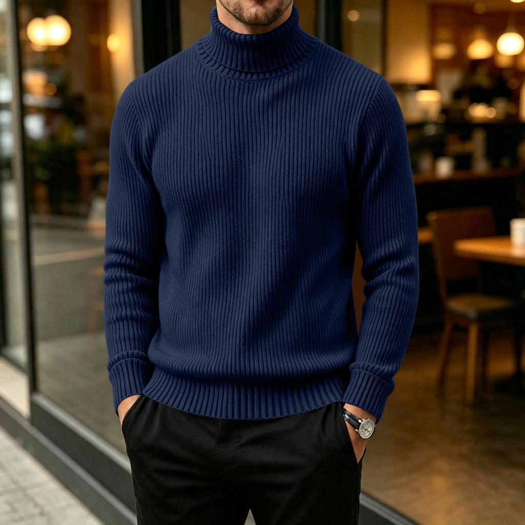 Men's Casual Turtleneck Sweater Color Vertical Stripe Long Sleeve Pullover