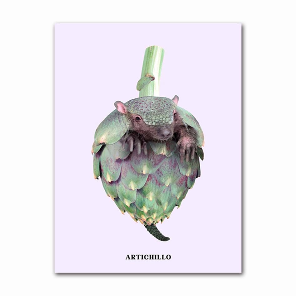 Funny Fruit Animal Poster, Kitchen Canvas Painting, Garlic, Goose,Cauliflower, Sheep Wall Picture, Living Room Decor
