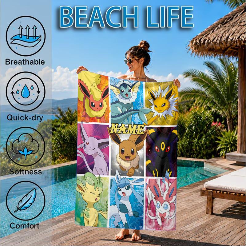 Custom Name Beach Towel Poke Eeveelutions Microfiber Beach Towel Super Soft & Absorbent for Bath, Beach, Travel  Bath Time Accessory, Fan gifts