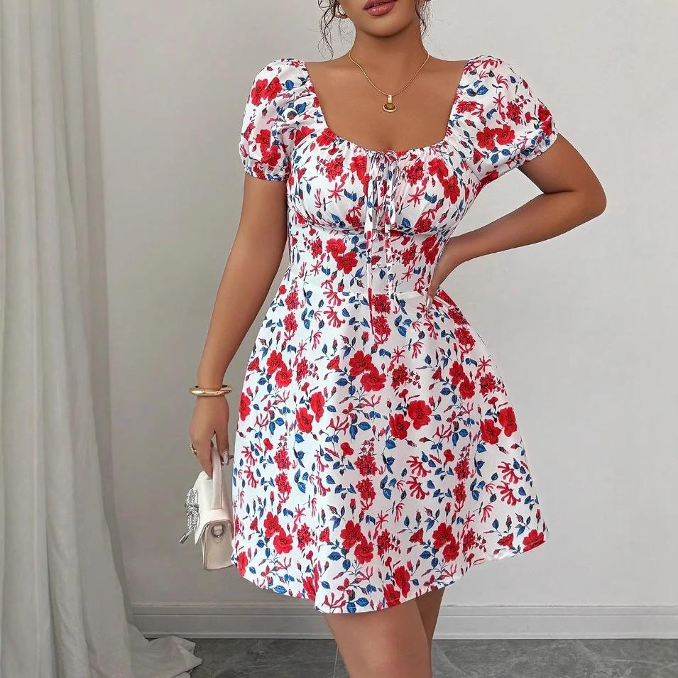 European and American Women's Clothing New Square Collar Printed Bubble Sleeve Dress