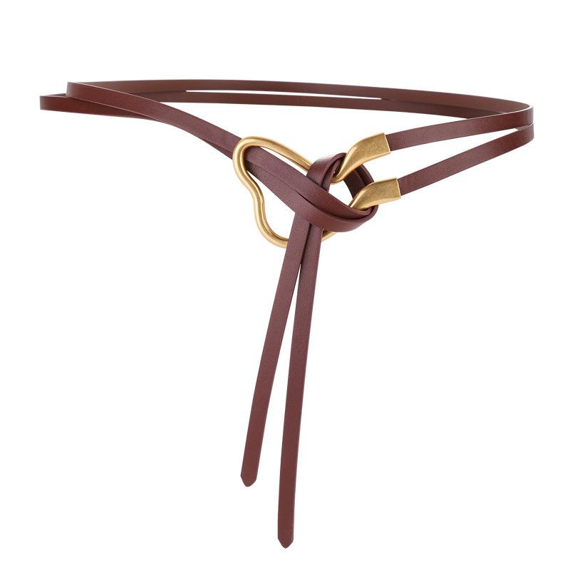 

Кожаный тонкий ремень женский с пряжкой в виде подковы, украшением на талию для пальто и рубашки, пояс из коровьей кожи с узлом темно-коричневого