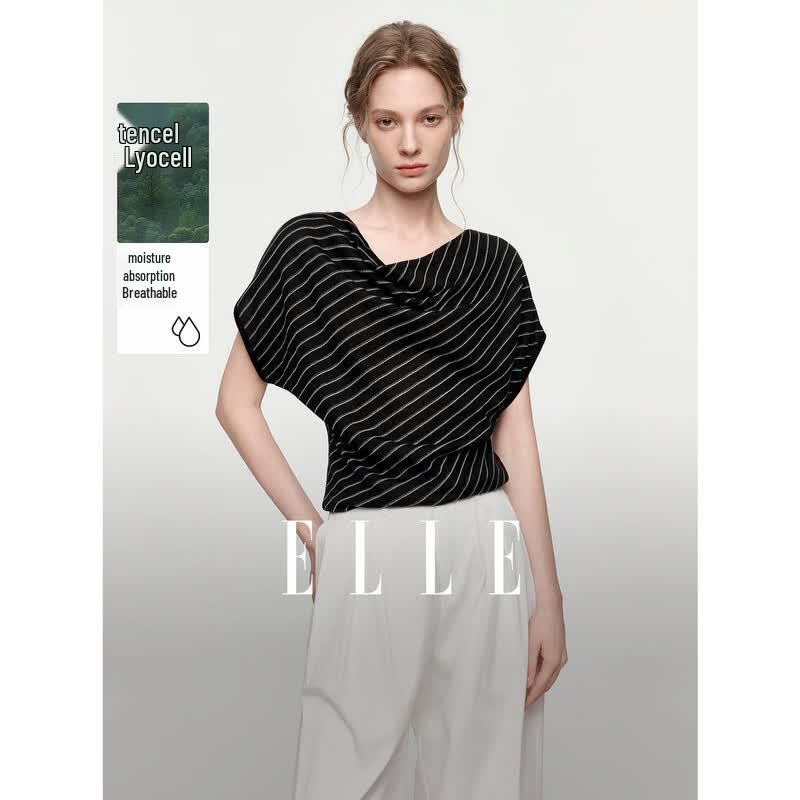 ELLE Women s Lyocell Striped Drape Neck Knit Top S