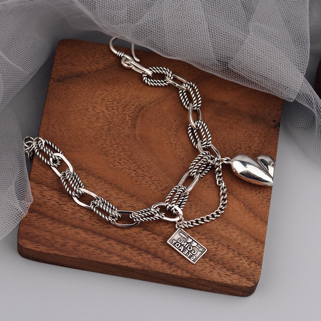 BFCLUB Silver Hiphop Thick Heart Bracelet for Women Men Vintage Handmade Hasp Bracelet Birthday Gift