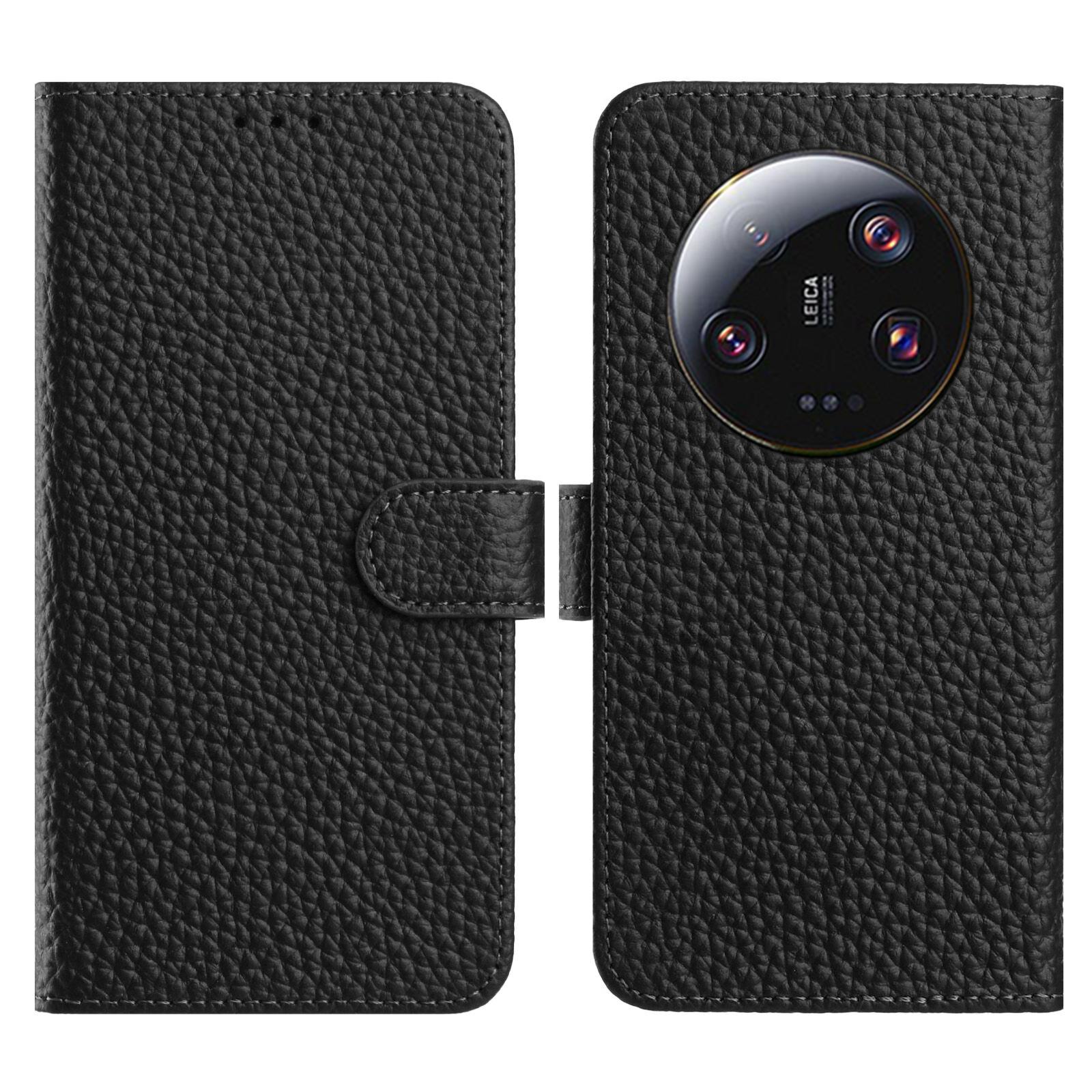 

For Xiaomi 14 Ultra Case Wallet Stand Litchi Texture Genuine Cow Leather Flip Phone Cover Black
