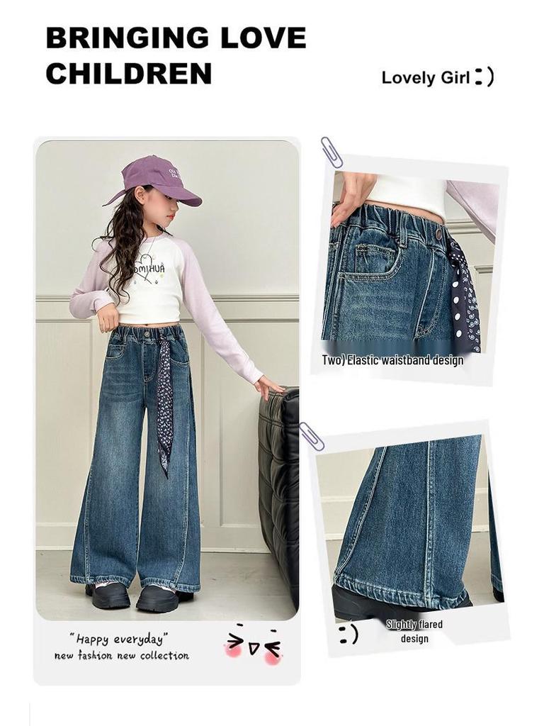 Girls' Korean Style Wide-Leg Trousers: Trendy Spring & Autumn Jeans for Junior High Students