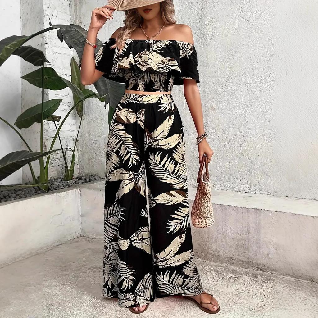 Vacation Jumpsuit Summer Ladies Printed Off-Shoulder Top and Wide Legs Pants Set