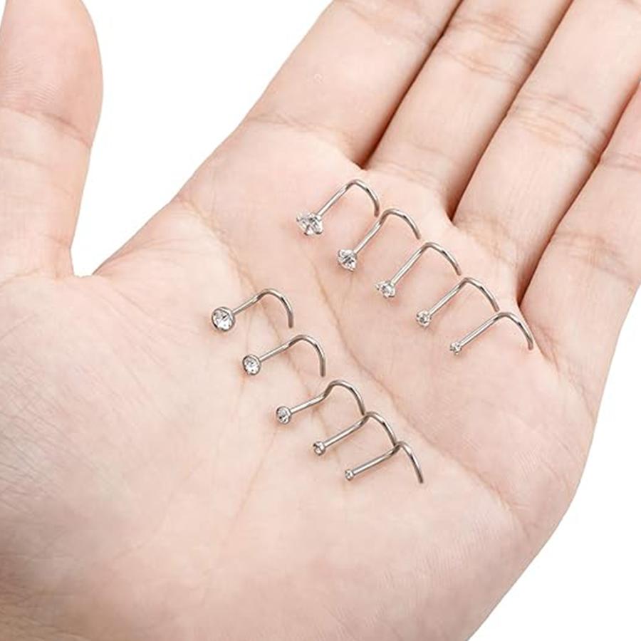 10Pcs Stainless Steel Screw Shaped Nose Studs Rings Square Round CZ Nose Ring Labret Nose Piercing Jewelry Silver Tone