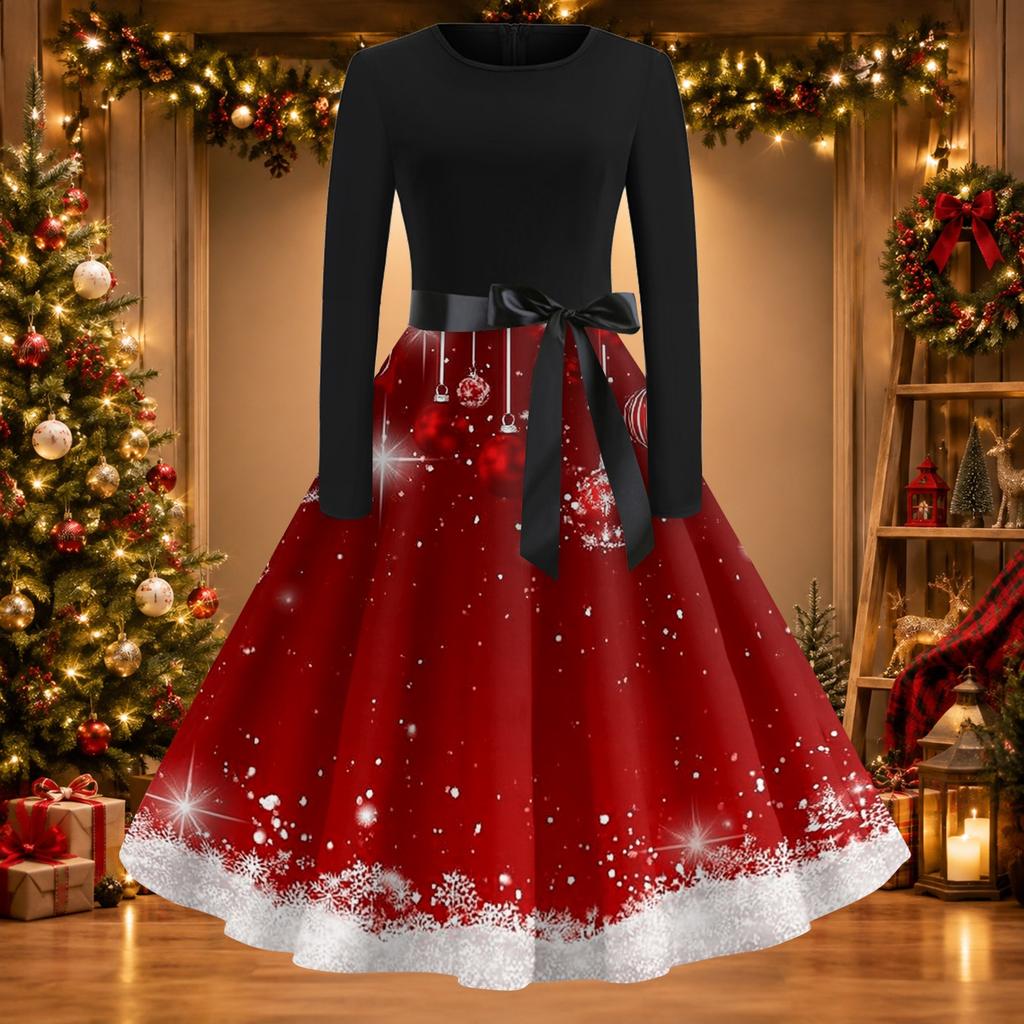 Women's Vintage Christmas Print Round Neck Casual Dress
