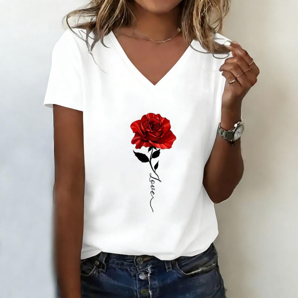 Love Rose T-shirt V Neck Casual Fashion Y2k 90s Printed T Shirts Women Short Sleeve Tee Shirt V-Neck Summer Spring S