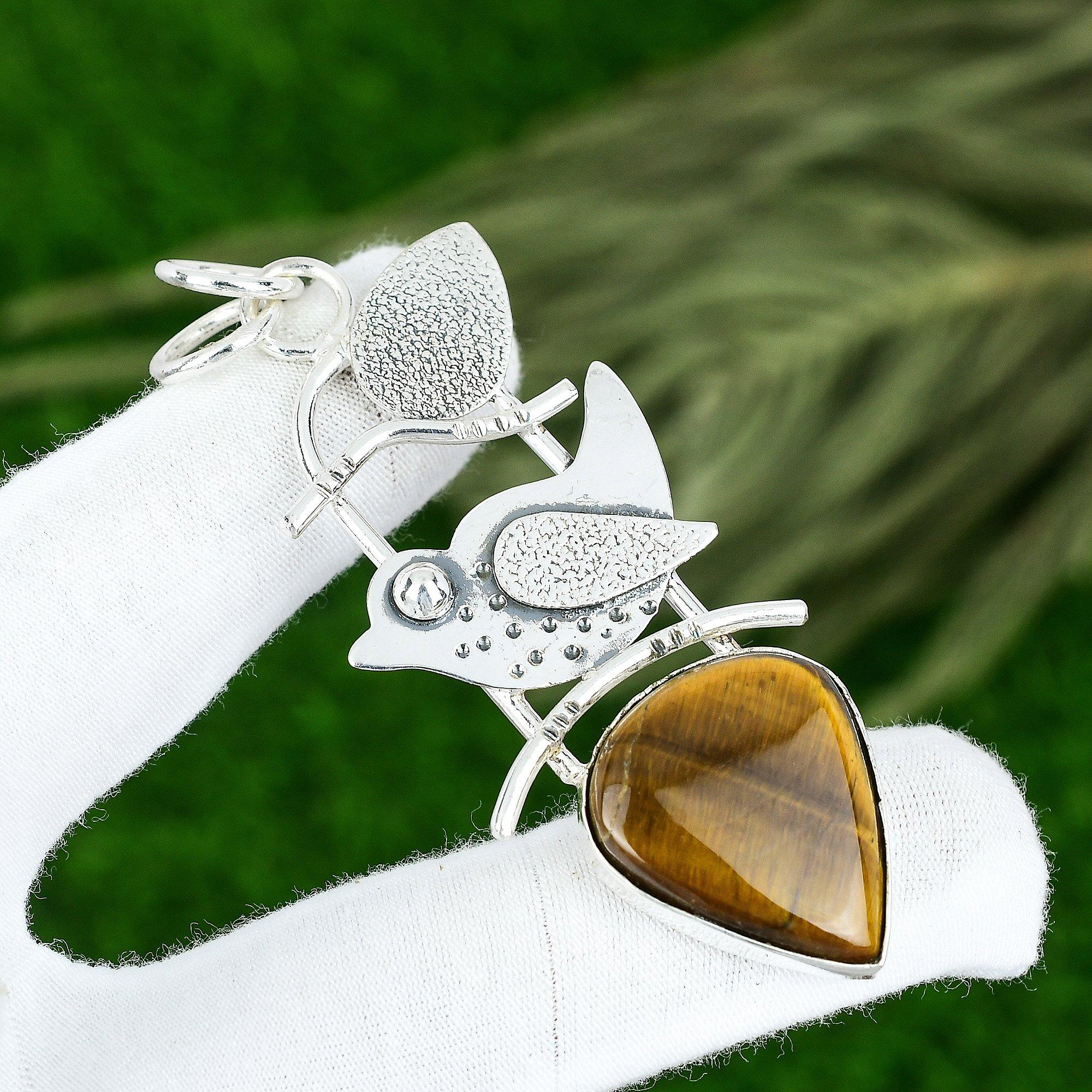 

925 Silver Pear Natural Tiger Eye Bezel Boho Daughter Birthday Pendant Jewelry