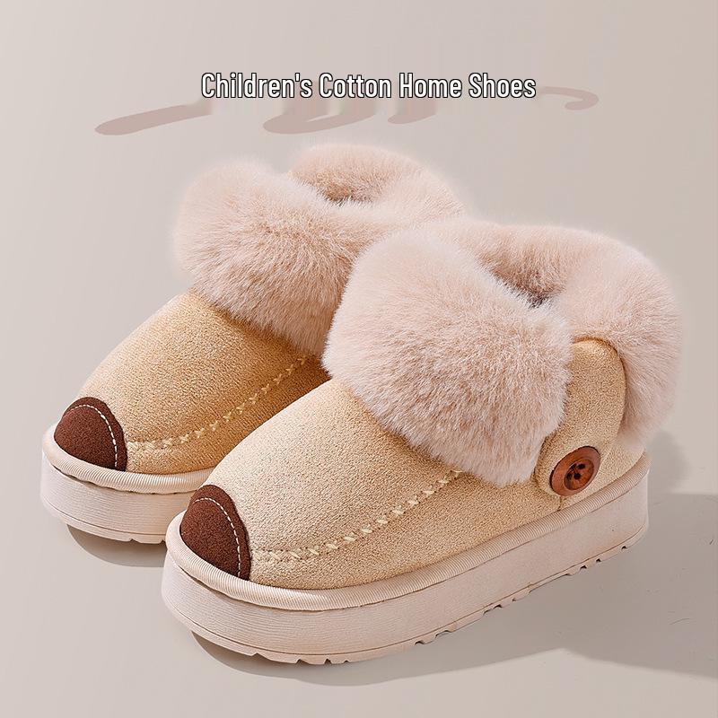 Kids' Waterproof Leather-Top Cotton Slippers, Non-slip with Velvet Lining for Families, Winter Warmth