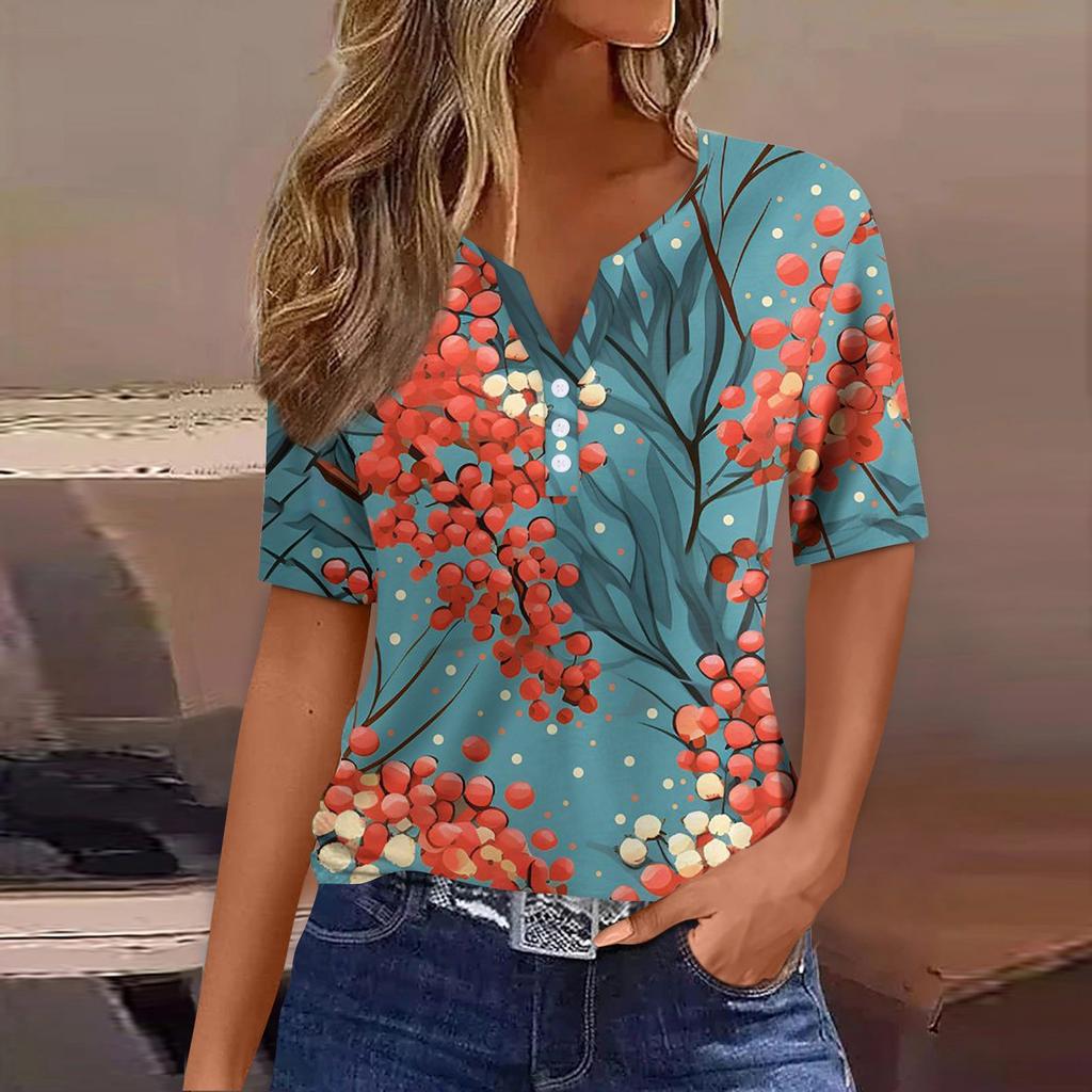 Women's T Shirt Print Button Short Sleeve Daily Weekend Fashion Basic V-Neck Regular Top