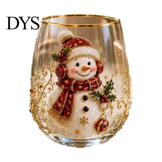 Christmas Themed Water Mug 330ML Glass Cup, Wreath/Santa Claus/Elk/Stockings/Snowman Pattern Holiday Glassware Compact for Breakfast Wine, Coffee,
