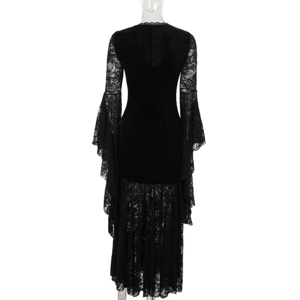 Women's Velvet V-Neck Sleeve Dress with Lace Trim, Dark Gothic for Halloween