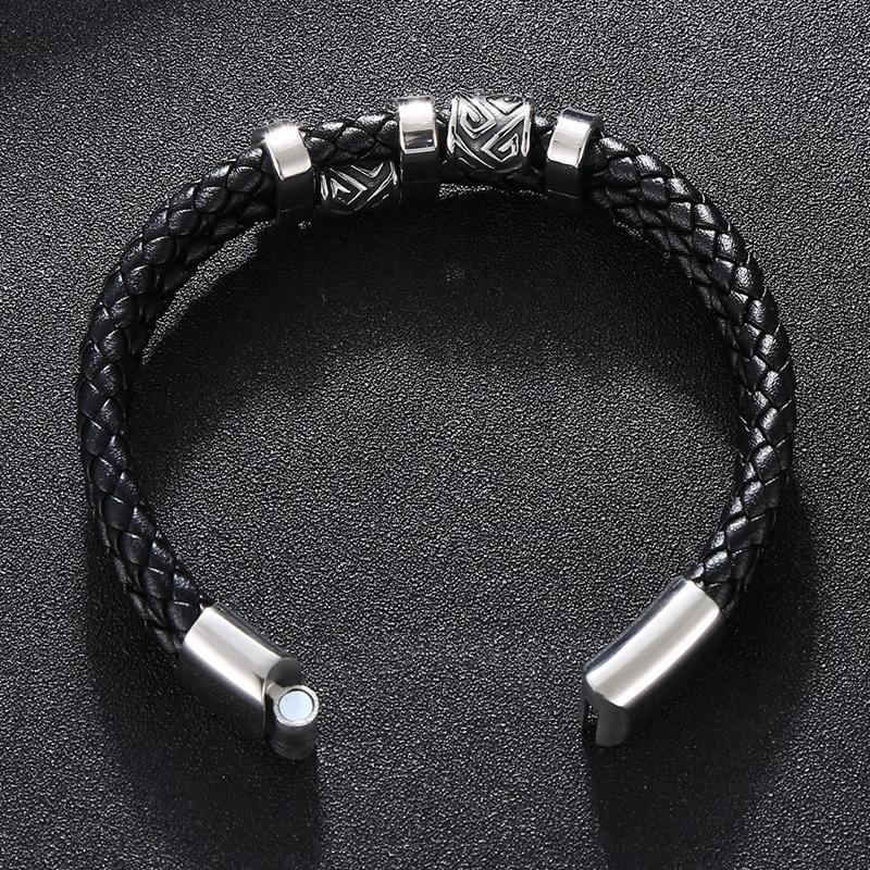 Viking Norse Runes Amulet Double-Layer Stainless Steel Men's Leather Bracelet Norse Mythology Jewelry