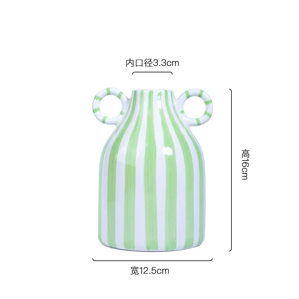 Geometric Striped Ceramic Vase Double-eared Ceramic Pot Shape Flower Vase Flower Arrangement Accessories Home Decoration