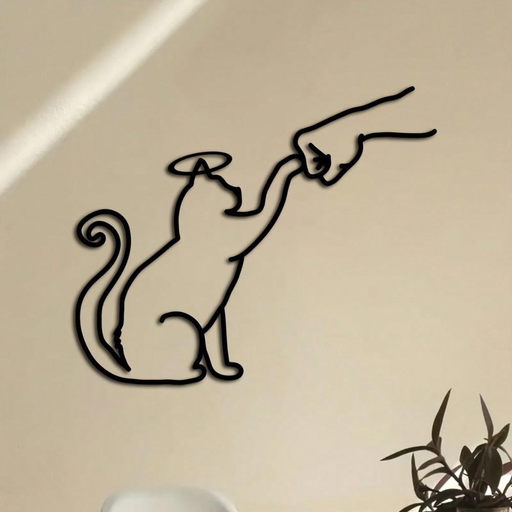 Modern Metal Cat and Hand Wall Art with Angel Cat Sculpture Indoor Outdoor Decor