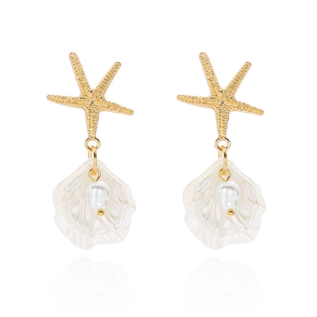 Starfish Imitation Pearl Shell Pendant Earrings Summer Beach Vacation Style Women Fashion Accessory Holiday Gift