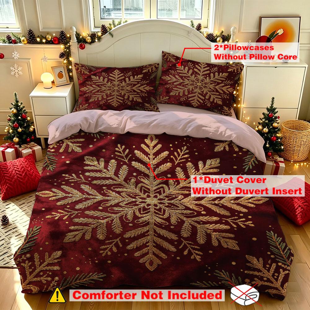Christmas Duvet Cover Set 3Pcs Gold Snowflake Red Background Print Soft Microfiber Bedding with Pillowcases Decor