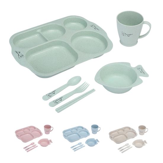 1 Set Practical Compartmentalized Rounded Edges Dinnerware Delicate Bowl Plate Cup Spoon Fork for School