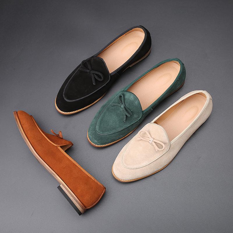 Fashion Fashion Men's Casual Shoes Cow Suede Genuine Leather Men British Style Bowknot Loafers Mens Slip-on Outdoor Driving Flats