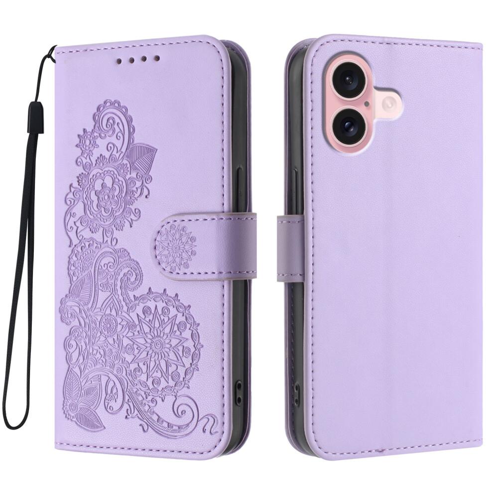 (iPhone 16, Purple) For iPhone 16 Phone Cases Mandala Flower Leather Wallet Mobile Cover with Strap