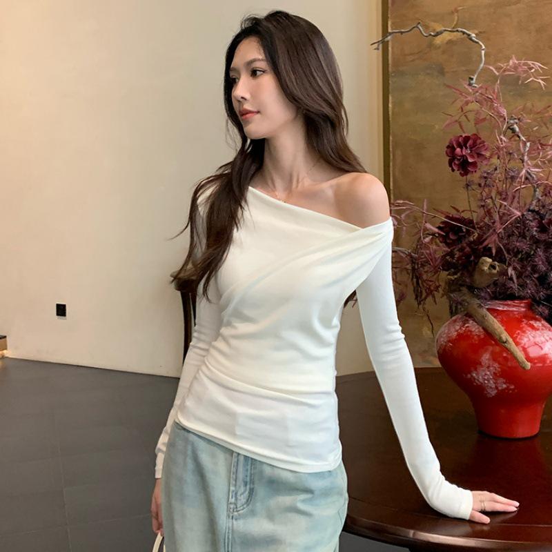 Women s Asymmetrical Off-Shoulder Slim-Fit Long Sleeve Top in White - Autumn 2025 Design S (Weight 80-95 kg) белый