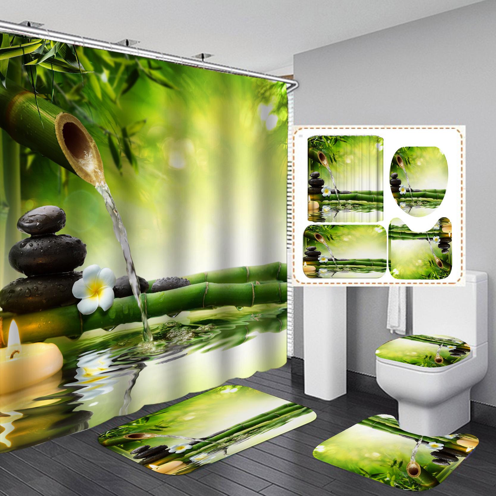 

4 шт., наборы занавесок для душа Zen Green Bamboo Buddha Series для ванной комнаты, нескользящие коврики для ванной комнаты, крышка для унитаза, коврик для ванной
